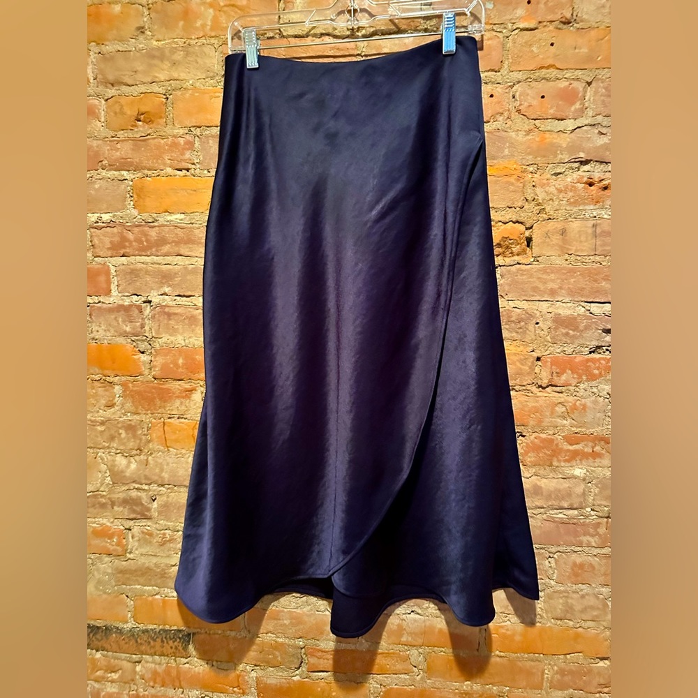 Midnight blue heavy weight silk skirt with faux wrap front